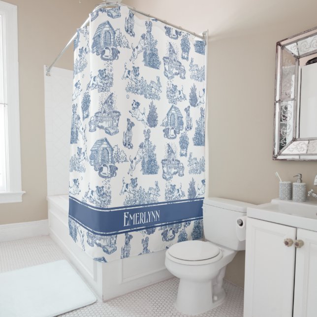 Blue French Toile Dog Monogram Design (In Situ)