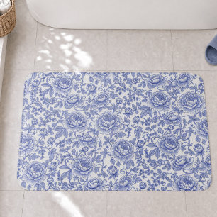 Blue French Toile Floral Pattern Bath Mat