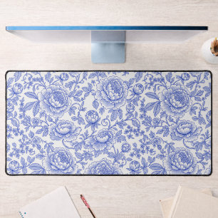 Blue French Toile Floral Pattern Desk Mat