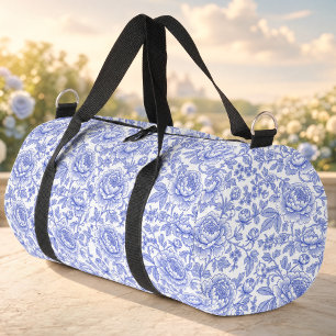 Blue French Toile Floral Pattern Duffle Bag
