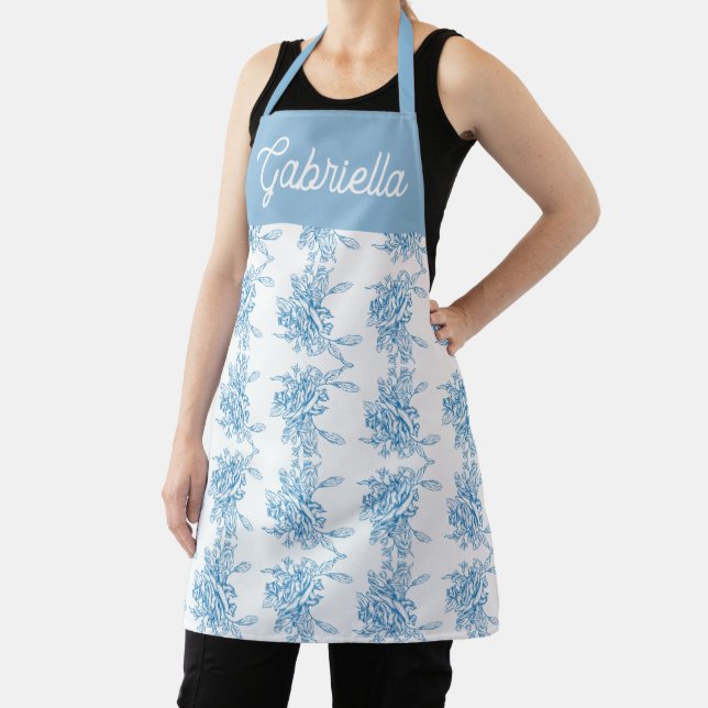 Blue French Toile Floral Pattern Name Apron (Insitu)