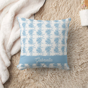 Blue French Toile Floral Pattern Name Throw Pillow