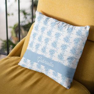 Blue French Toile Floral Pattern Name Throw Pillow