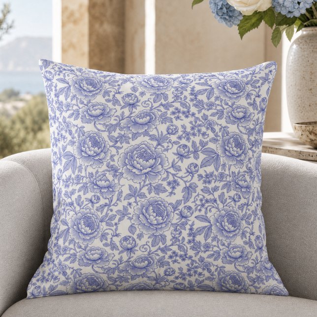 Blue French Toile Floral Pattern Throw Pillow (Creator Uploaded)