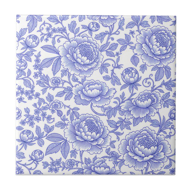 Blue French Toile Floral Pattern Tile (Front)