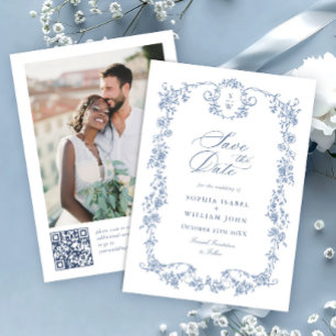 Blue French Toile Garden QR code Photo Wedding Save The Date