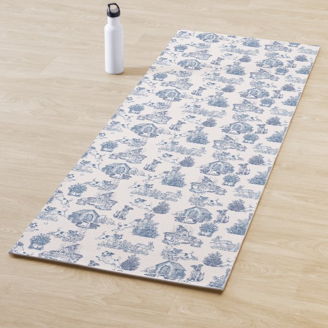 Blue French Toile Jack Russell Dog Pattern Yoga Mat (In Situ)