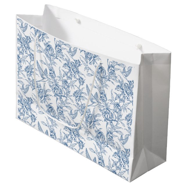 Blue French Toile Large Gift Bag (Front Angled)