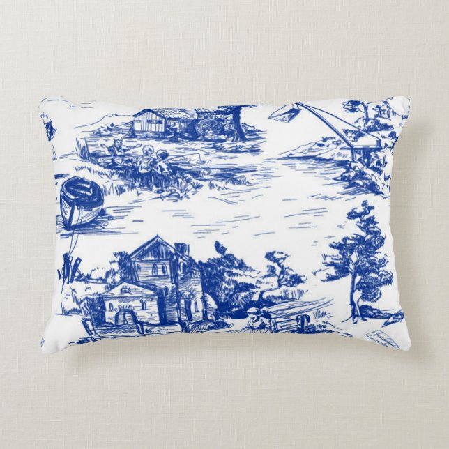 Blue French Toile Lumbar Accent Pillow (Front)