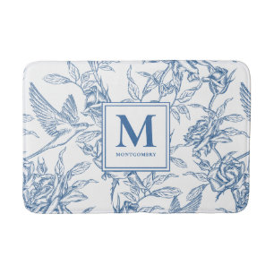 Blue French Toile Monogram Name Bath Mat