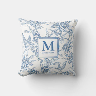 Blue French Toile Monogram Name Throw Pillow