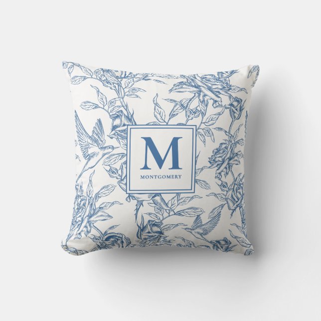 Blue French Toile Monogram Name Throw Pillow (Front)