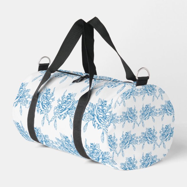 Blue French Toile Pattern Duffle Bag (Left Corner)