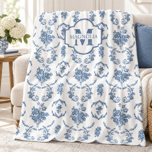 Blue French Toile Pattern Floral Name Monogram Fleece Blanket