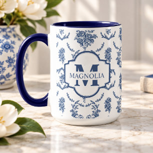 Blue French Toile Pattern Floral Name Monogram Mug