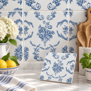 Blue French Toile Pattern Floral Tile