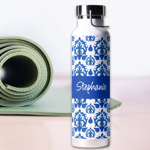 Blue French Toile Pattern Monogram Name Water Bottle