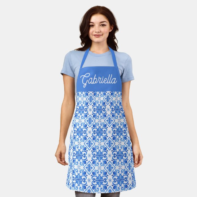 Blue French Toile Pattern Name Apron (Worn)