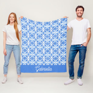 Blue French Toile Pattern Name Fleece Blanket
