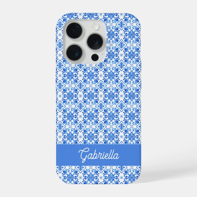 Blue French Toile Pattern Name iPhone Case (Back)