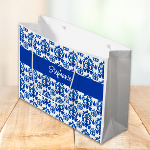 Blue French Toile Pattern Name Large Gift Bag