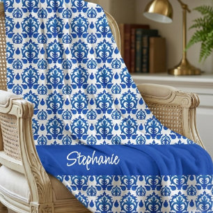 Blue French Toile Pattern Name Monogram Fleece Blanket