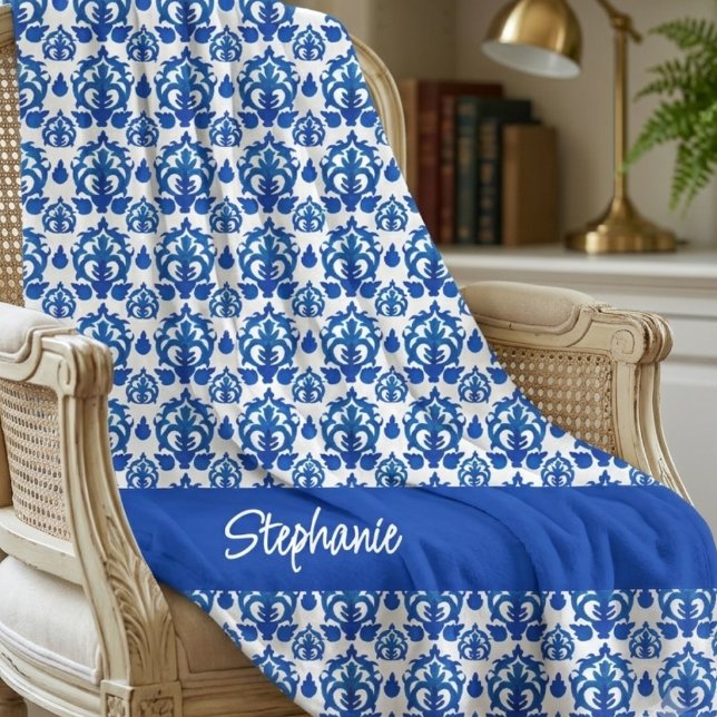 Blue French Toile Pattern Name Monogram Fleece Blanket (Creator Uploaded)