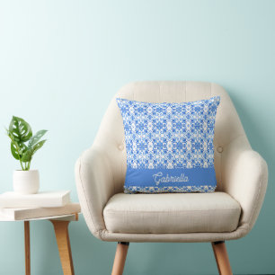 Blue French Toile Pattern Name Throw Pillow