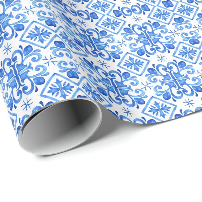 Blue French Toile Pattern Wrapping Paper (Roll Corner)