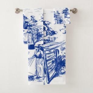 Blue French Toile Round Bath Towel Set