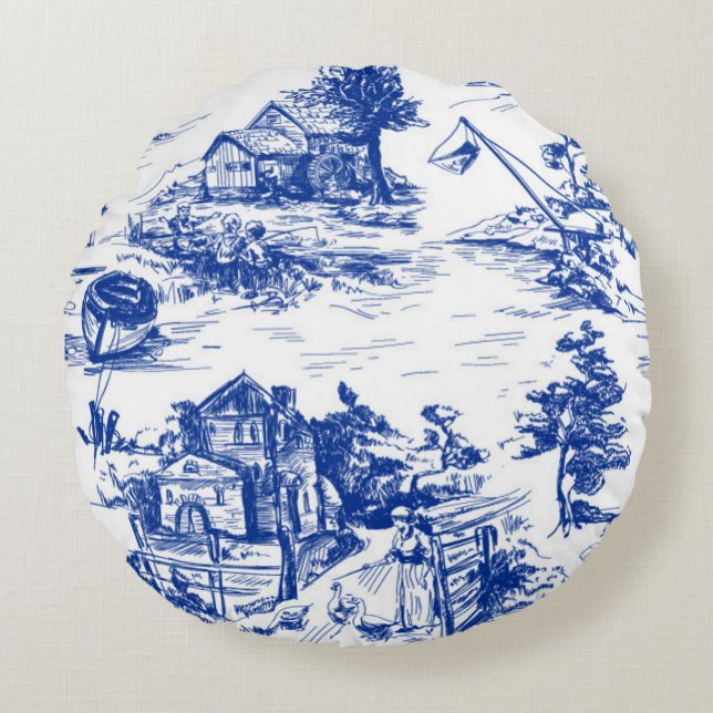 Blue French Toile  Round Pillow (Front)