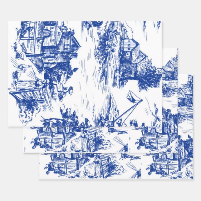 Blue French Toile Round Wrapping Paper Sheet (Set)
