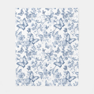 Blue French Toile Watercolor Floral Butterfly Fleece Blanket