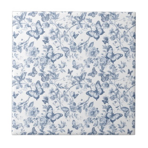 Blue French Toile Watercolor Floral Butterfly Tile