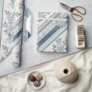 Blue French Vintage Floral Stripe Wrapping Paper