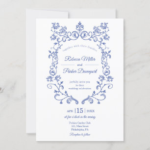 Blue French Wedding photo qr code on back Invitation