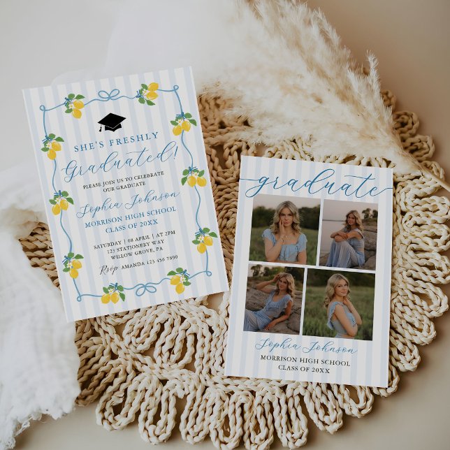 Blue Freshly Lemon Citrus Graduation Party Invitation (Creator Uploaded)