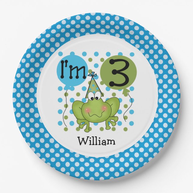 Blue Frog 3rd Birthday Paper Plates (Front)