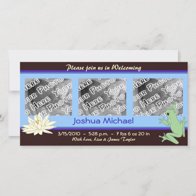 Blue Frog and Lotus Birth Announcement (Front)