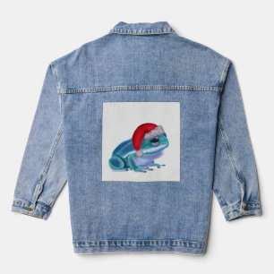 Blue frog with Santa hat. Denim Jacket