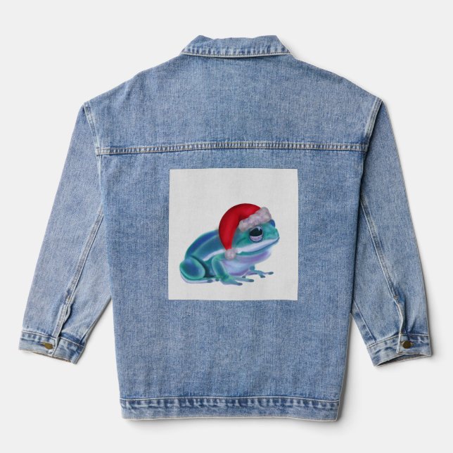 Blue frog with Santa hat. Denim Jacket (Back)