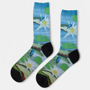 Blue Frogs On Lotus Flowers, Crew Socks