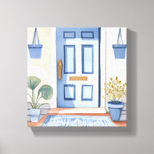 Blue Front Door   House Watercolor Painting Canvas Print