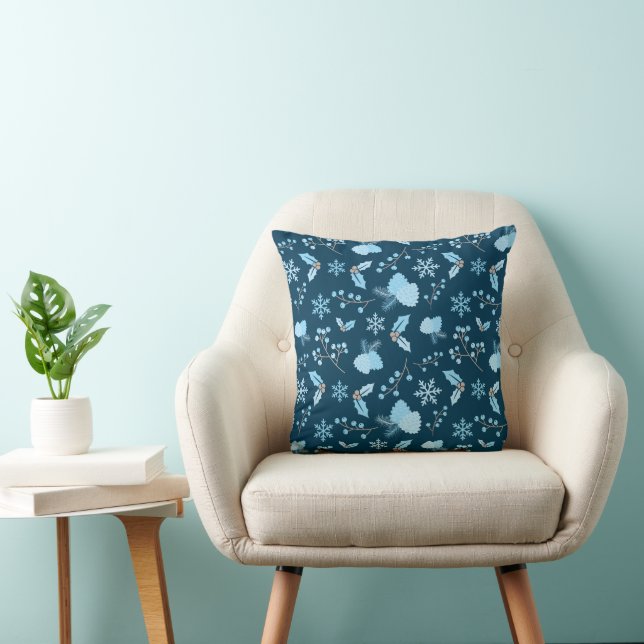 Blue Frost Elegance Snowflakes and Pinecone Winter Throw Pillow (Chair)