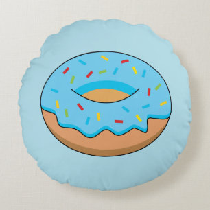 Blue Frosted Donut with Sprinkles Cartoon Round Pillow