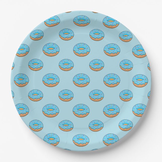 Blue Frosted Doughnut with Sprinkles Cartoon Paper Plate (Front)