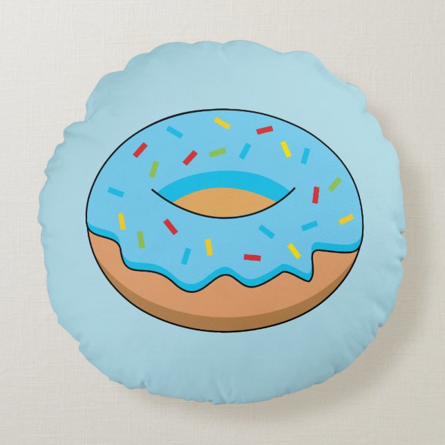 Blue Frosted Doughnut with Sprinkles Cartoon Round Pillow (Front)