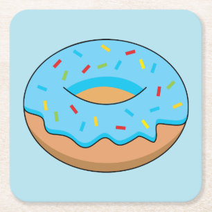 Blue Frosted Doughnut with Sprinkles Cartoon Square Paper Coaster