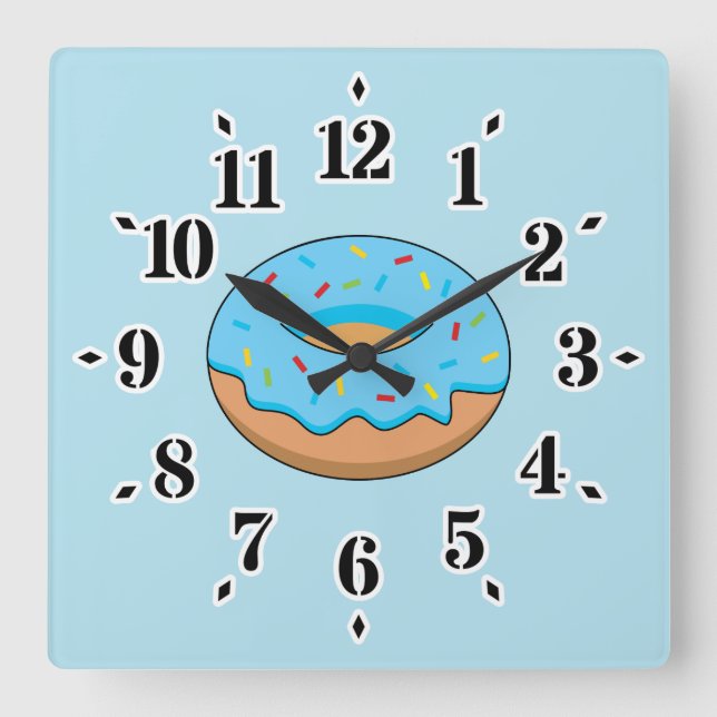 Blue Frosted Doughnut with Sprinkles Cartoon Square Wall Clock (Front)