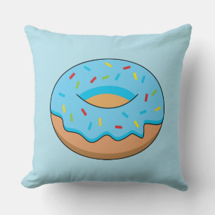 Blue Frosted Doughnut with Sprinkles Cartoon Throw Pillow